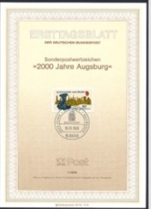 Alemania #1432 1985 tarjeta informativa de primer día oficial "Emperador Augusto y vista de la ciudad de Augsburg"