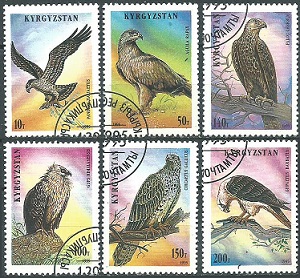 KYRGYZSTAN  #80 - 85  1995  "Águila pescadora, águila leonada, buitre del Himalaya, halcón sacre, águila culebrera y quebrantahuesos"