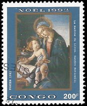 Congo Republica Popular #995C  1992 "Madonna con el Niño y libro. por Botticelli"