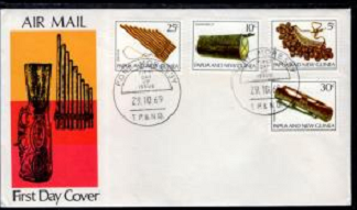 Papúa Nueva Guinea #293 - 296  1969 Serie completa F.D.C. "Instrumentos musicales tradicionales"