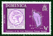 Dominica  #389  1974  Nueva (Hinged) "Centenario del sello de Dominica"