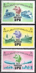 Maldivas   #496 - 498 1974 Nuevas  NH "Centenario de la U.P.U."