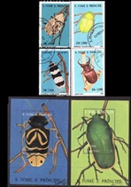 Santo Tomé y Príncipe #1287a - 1287d y 1288 - 1299 1996 Serie completa con 2 H.S  CTO Scott $32.00  "Colopteros"