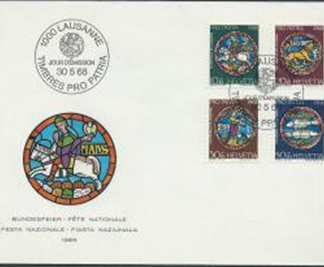 Suiza #B374 - B377  1968  F.D.C. Serie completa "Vitrales de la catedral de Lausanne"