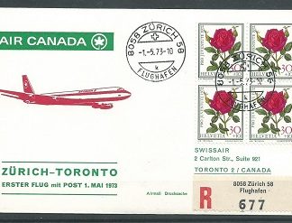 Suiza #B412  1972 Sobre conmemorativo Primer vuelo de Air Canada de Zurich a Toronto