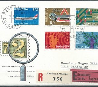 Suiza #540 - 543 + #CB1 1972  F.D.C. Circulado certificado  Serie completa