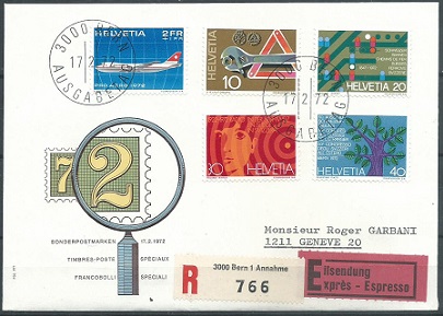 Suiza #540 - 543 + #CB1 1972 F.D.C. Circulado certificado Serie completa