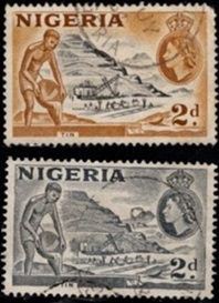 Nigeria  #83(1953) y #93(1956) Scott $2.30  "Minería de estaño"