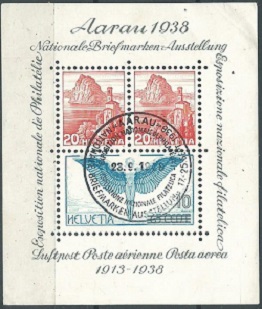 Suiza #242  1938  matasello PDE Scott $35.00  "Aarau  Expo - 25 Años del correo aéreo"