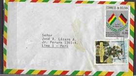 Bolivia #738 - 739 1987  Sobre circulado de santa Cruz a Jr. Paruro Lima