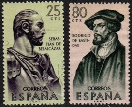 España #1013 y #1015  1961 "Sebastián de Belalcázar y Rodrigo de Bastidas"