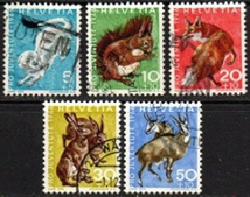 Suiza #B360 - B364  1966 serie completa "Fauna en peligro"