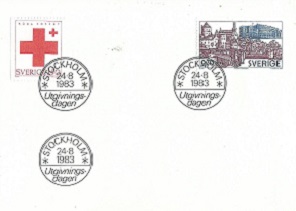 SUECIA #1466 y #172 1983 F.D.C. con tarjeta informativa "Cruz Roja - Helgeandsholmen"