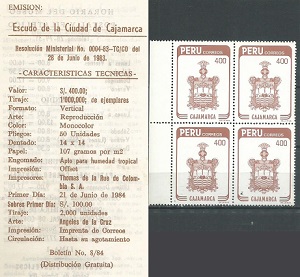 PERU #815  1984   Nuevas en cuadro + hoja informativa