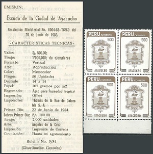 PERU #816  1984 Nuevas en cuadro + hoja informativa