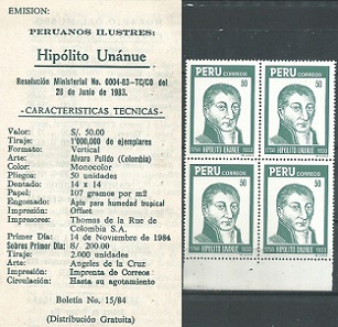 PERU #819  1984 Nuevas en cuadro + hoja informativa