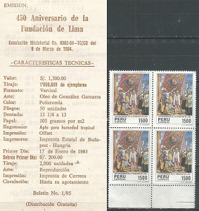 PERU #832  1984  Cuadro  Nuevas sin goma + hoja informativa "450 Años de la fundacion de Lima"
