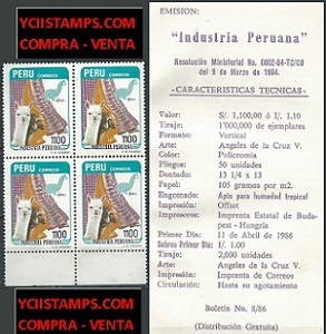 PERU #851  1985 cuadro Nuevas sin goma + hoja informativa