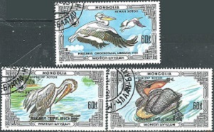 Mongolia #1538A - 1538C  1986  "Gran pelícano blanco, pelícano dálmata y pelícano dálmata crispado"