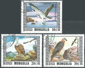 Mongolia #914 - 916  1976  "Águila pescadora, buitre leonado y quebrantahuesos"