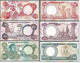 Nigeria.  Billetes de 5,10 y 20 Nairas