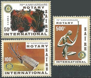 Zaire #971 - 973  1980   Serie completa  Nuevas NH "75 Años del club de Rotarios - Escultura moderna""