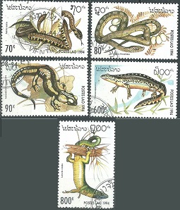 LAOS #1178 - 1182 1994  Serie completa "Reptiles, serpientes y lagartos"