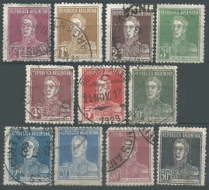 Argentina #323 - 331 y #333 - 334 1923