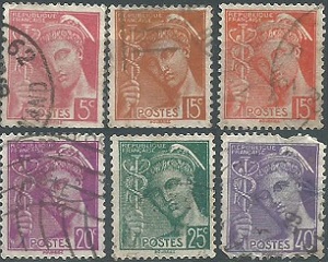 Francia #355, #357 - 360 y #362 1938 (#362 con daño)