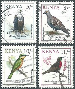Kenia #601 y #603 - 605   1993  "Águila pescadora africana, paloma moteada, abejaruco de pecho canela y suimanga de pecho escarlata"