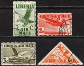 Liberia #C4 - C7  1938  "Águila, avión trimotor, gaviota argéntea europea y  garceta grande"