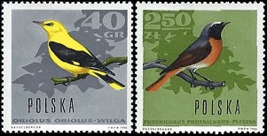 Polonia #1455 y #1457 1966  Nuevas (Hinged)  "Oropéndola euroasiática y colirrojo real"