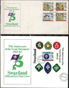 Suazilandia  #418 - 422  1982  Serie completa con Hoja souvenir en 2 FDC "75 años de los scouts"