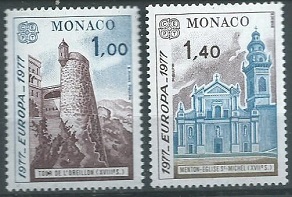 Monaco #1067 - 1068  1977  Serie completa Nuevas NH "Europa - Torre Oreillon e Iglesia de St Michel"