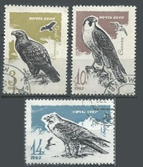 Rusia #3126, #3128 y #3130  1965  "Águila esteparia, halcón peregrino y quebrantahuesos"