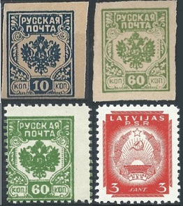 Letonia bajo ocupacion Rusa #2N38, #2N43 - 2N43A(1919) y #2N47(1940) Nuevas