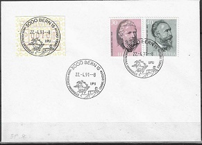 SUIZA #591 - 592  1974 y ATM DE 10c en sobre con matasello conmemorativo de la U.P.U. "Fundadores de la U.P.U."