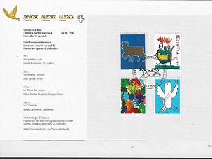 SUIZA #982 - 985  1996  Serie completa en hoja de presentación oficial
