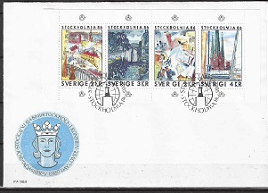 Suecia #1543a  1985  F.D.C. Serie completa en panel de booklet "Pinturas del viejo Estocolmo"