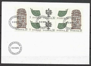 Suecia  #850a  1970  F.D.C.  Serie completa en panel de booklet "Arte en hierro forjado sueco"