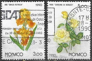 Mónaco #1707 y #1710   1990 Scott $2.30  "Iris y rosas"