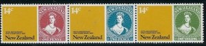 Nueva Zelanda #703b  1979  Tira de 3  Nueva NH  "125 años del primer sello de Nueva Zelanda"