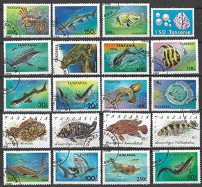 Tanzania 20 estampillas de vida marina diferentes CTO  NH