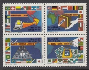 Brasil #2163a 1989 Serie completa en bloque de 4 Nuevas NH "Servicios postales internacionales"