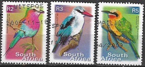 Sudáfrica   #1192 y #1194 - 1195  2000 Scott $4.00 "Carraca de pecho lila, martín pescador del bosque y Abejaruco de frente blanca"