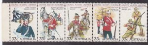 AUSTRALIA #945 1985 Serie completa en tira de 5 Nuevas NH ""Escuadron Real Victoriano voluntario de artilleria"