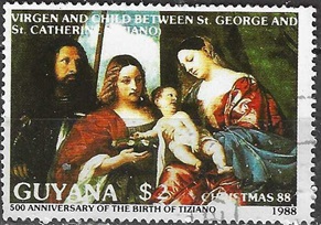 GUYANA  #1991a 1988 CTO "Navidad - La Virgen y el Niño entre San Jorge y Santa Catarina, obra de Tiziano"