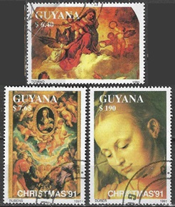 GUYANA #2488 - 2489 y #2492 1991  CTO  "Navidad - Pinturas de Rubens, Durero y Tiziano" (2488 con dobles en esquina superior)