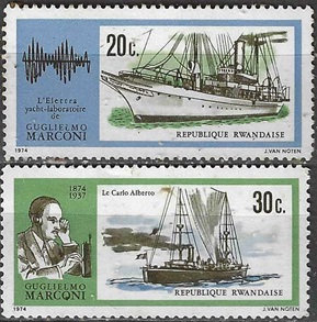RUANDA #587 - 588  1974 Nueva NH "Yate y Barco laboratorio de Marconi"