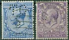 Gran Bretaña  #163 - 164 1912  Perfins Scott $15.00 "Jorge V"